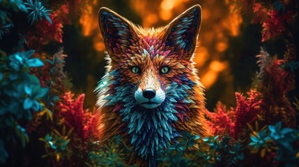 A close up of a fox in a field of flowers. Generative AI image.