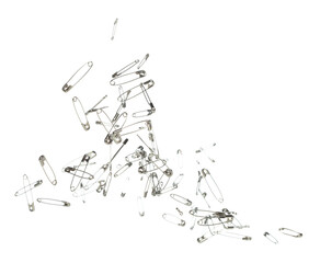 Fototapeta premium Safety Pin brooch pour fall down, explosion in air. Many safety pin small size splash fly in group floating. White background isolated high speed shutter freeze motion