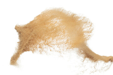Sand flying explosion, Golden grain wave explode. Abstract cloud fly. Yellow colored sand splash throwing in Air. White background Isolated high speed shutter, throwing freeze stop motion