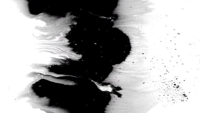 Black ink artistic abstract grunge background flow splatter spots spills white paper beautiful reveal dripping streaks spread fluid ink alpha matte isolated watercolor ink drops transition
