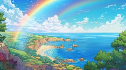 A rainbow over a cliff overlooking the ocean. Fantasy concept , Illustration painting.