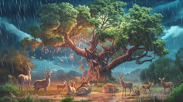 A thunderstorm with a group of forest animals taking shelter under a tree. Fantasy concept , Illustration painting.