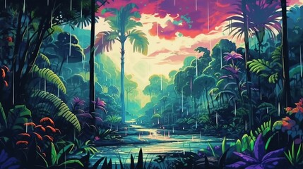 A monsoon season in a tropical rainforest. Fantasy concept , Illustration painting.