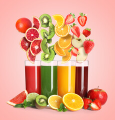 Different types of juices and fresh fruits on pink background