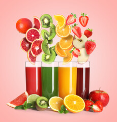 Different types of juices and fresh fruits on pink background © New Africa