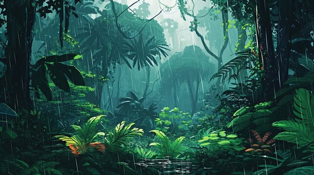 A monsoon season in a tropical rainforest. Fantasy concept , Illustration painting.