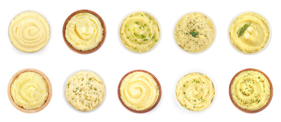 Tasty mashed potato in bowls on white background, top view. Collage design