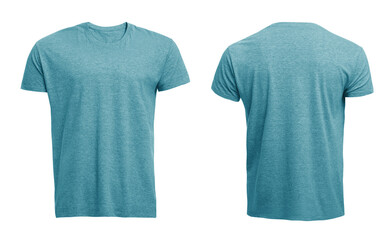Front and back views of light blue men's t-shirt on white background. Mockup for design