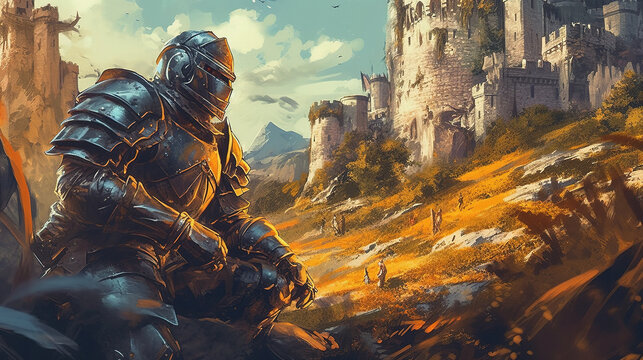 A paladin defending a village from a bandit raid. Fantasy concept , Illustration painting.