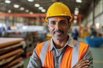 Work force, hispanic male factory worker posing looking at the camera
