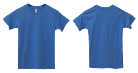 Blue kids t-shirt mock up, front and back view, isolated. Plain light blue shirt mockup. Tshirt design template. Blank tee for print