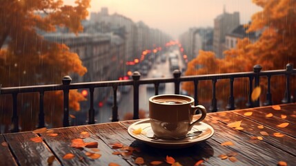 A cup of coffee on a table overlooking an autumn city view. Generative AI. 