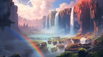 A rainbow over a waterfall. Fantasy concept , Illustration painting.