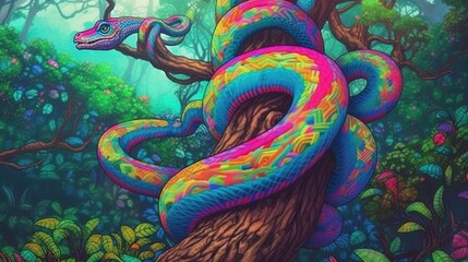 A rainbow serpent coiled around a tree in a tropical rainforest. Fantasy concept , Illustration painting.