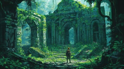 A ranger exploring a mysterious ruin in a dense jungle. Fantasy concept , Illustration painting.