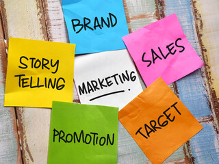 Marketing brand promotion story telling, text words typography written on paper, life and business...