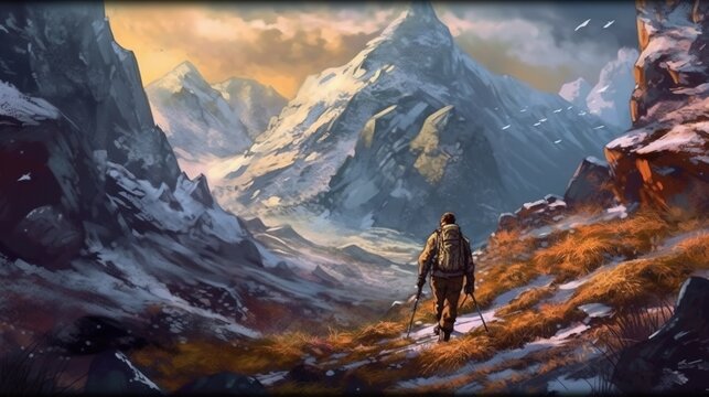 A ranger using their survival skills to navigate through a treacherous mountain pass. Fantasy concept , Illustration painting.