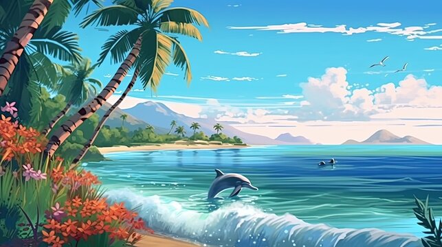 A serene beach with a palm tree and a dolphin swimming in the sea. Fantasy concept , Illustration painting.