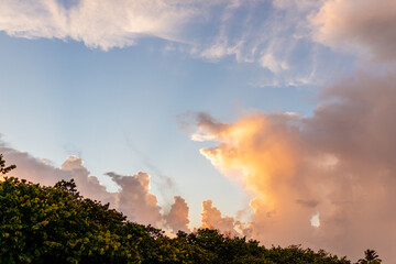 Beautiful sunset on the lake in a luxury area. Beautiful landscape at sunset near the water. Background for summer holidays. Spectacular sunset sky in Florida
