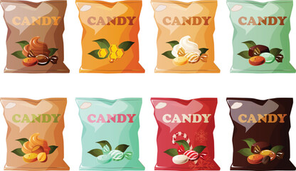 Cute vector illustration of various bags of candy with chocolate, mint and caramel flavor.