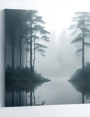 Painting of a foggy forest by the lake. Generative AI