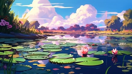 Fototapeta na wymiar A serene pond with a lily pad and a frog. Fantasy concept , Illustration painting.