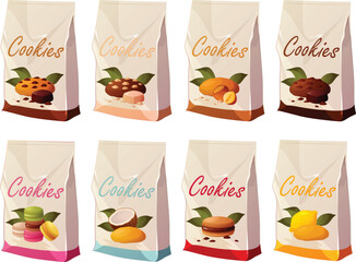 Cute vector illustration of  various kinds of cookies and macaroons in bags isolated on white background.