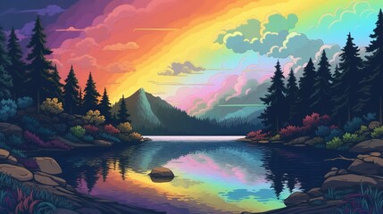 Fototapeta na wymiar A serene rainbow over a lake. Fantasy concept , Illustration painting.