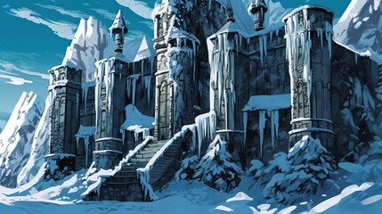 A snow-covered castle with icicles hanging from the towers. Fantasy concept , Illustration painting.