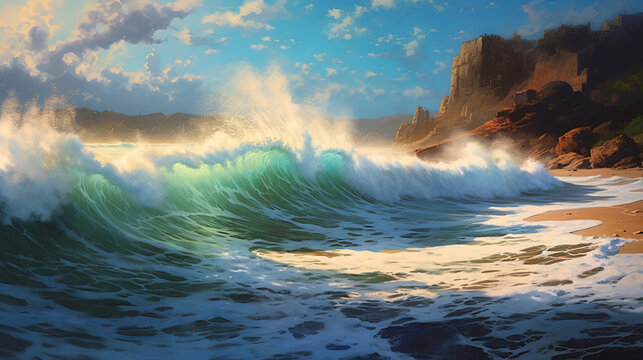 A stormy beach with crashing waves. Fantasy concept , Illustration painting.