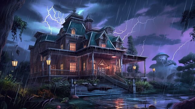 A stormy night in a haunted mansion. Fantasy concept , Illustration painting.
