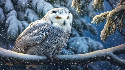 A snowy owl perched on a branch during a snowstorm. Fantasy concept , Illustration painting.