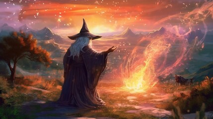 A sorcerer summoning a powerful elemental to do their bidding. Fantasy concept , Illustration painting. - obrazy, fototapety, plakaty