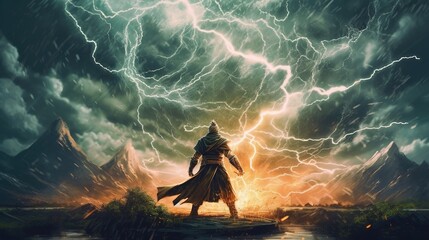 A sorcerer unleashing a deadly storm to decimate their foes. Fantasy concept , Illustration painting. - obrazy, fototapety, plakaty