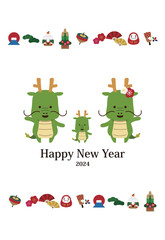 2024年　年賀状縦　辰の家族イラスト