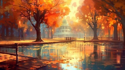 A beautiful abstract autumn landscape of a city park in autumn with golden sunlight. Generative AI. 