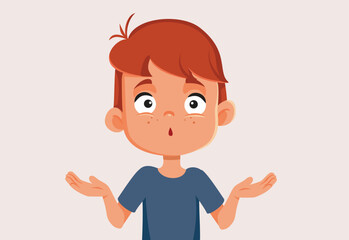 Preschooler Shrugging feeling puzzled vector cartoon character. Stressed worried child unsure about his ideas
