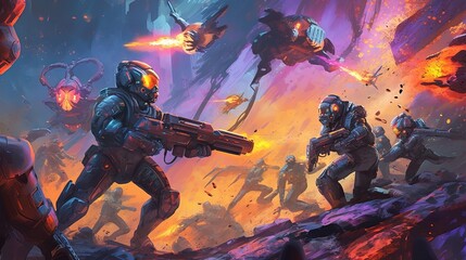 Obraz na płótnie Canvas A team of futuristic soldiers battling an alien invasion. Fantasy concept , Illustration painting.