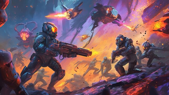 A team of futuristic soldiers battling an alien invasion. Fantasy concept , Illustration painting.