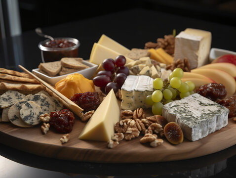 A close-up shot of a gourmet cheese platter with a variety of artisanal cheeses and accompaniments.