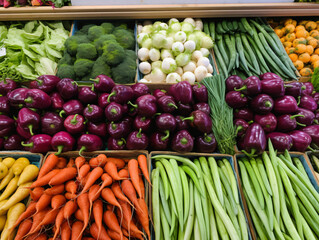 A colorful array of fresh vegetables arranged in a farmer's market display.
