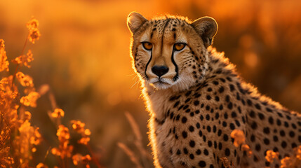 Cheetah hunting in the savannah details of the cheetah's face and body captured in natural light during golden hour