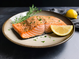 A plate of perfectly seared salmon fillet with a lemon wedge and a sprinkle of herbs.