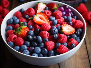 A vibrant bowl of mixed berries, including strawberries, blueberries, and raspberries.