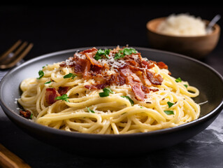 A bowl of creamy pasta carbonara garnished with crispy bacon and grated cheese.