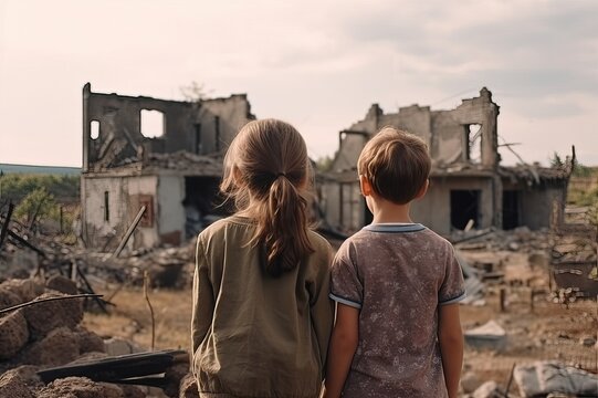Kids look at destroyed village. Nature, humanitarian disaster, homeless people concept. Destroyed houses.  AI generated image	