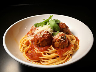 A classic spaghetti and meatballs dish with a rich tomato sauce and grated Parmesan cheese.