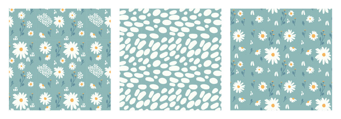 Vector illustration. Seamless pattern with chamomile petals and twigs. Big set of flowers.