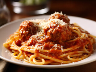 A classic spaghetti and meatballs dish with a rich tomato sauce and grated Parmesan cheese. - obrazy, fototapety, plakaty