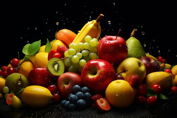 Fruits with water drops on black background. Healthy food concept.